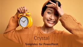  Presentation with vintage clock - Presentation with young-beautiful-chinese-woman-holding background and a red colored foreground