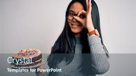  Presentation with happy birthday cake - Colorful presentation enhanced with young-beautiful-chinese-woman-holding backdrop and a ocean colored foreground