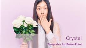  Presentation with hand holding flowers - Presentation theme consisting of young-beautiful-chinese-woman-holding background and a pink colored foreground