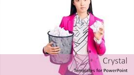  Presentation with bin - PPT theme consisting of young-beautiful-chinese-woman-holding background and a coral colored foreground