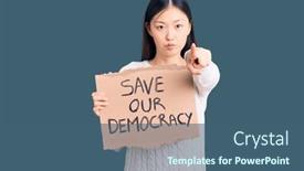  Presentation with democracy - PPT theme with young-beautiful-chinese-woman-holding background and a ocean colored foreground