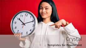  Presentation with clock face - Beautiful PPT theme featuring young-beautiful-chinese-woman-holding backdrop and a soft green colored foreground