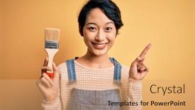  Presentation with painting - PPT theme featuring young-beautiful-chinese-woman-painting background and a coral colored foreground