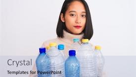  Presentation with plastic recycling - Presentation design having young beautiful chinese woman recycling plastic bottles over isolated white background with a confident expression on smart face thinking serious background and a light blue colored foreground