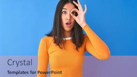  Presentation with blue orange - Colorful slide deck enhanced with young beautiful chinese woman wearing orange t-shirt standing over isolated blue background doing ok gesture shocked with surprised face eye looking through fingers unbelieving expression backdrop and a gold colored foreground