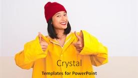  Presentation with beautiful tibet scenery in china - Colorful presentation design enhanced with woman wearing raincoat and wool backdrop and a gold colored foreground