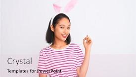  Presentation with chinese - Presentation theme featuring young beautiful chinese woman wearing banny ears standing over isolated white background very happy pointing with hand and finger to the side background and a lemonade colored foreground