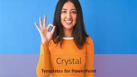  Presentation with blue orange - Audience pleasing presentation theme consisting of young beautiful chinese woman wearing orange t-shirt standing over isolated blue background smiling positive doing ok sign with hand and fingers successful expression backdrop and a gold colored foreground