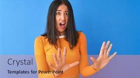  Presentation with blue orange - PPT theme enhanced with young beautiful chinese woman wearing orange t-shirt standing over isolated blue background afraid and terrified with fear expression stop gesture with hands shouting in shock panic concept background and a gold colored foreground