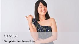  Presentation with floral - Cool new slide set with young beautiful chinese woman wearing summer floral t-shirt over isolated white background smiling with happy face looking and pointing to the side with thumb up backdrop and a light gray colored foreground