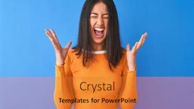  Presentation with blue orange - Presentation consisting of young beautiful chinese woman wearing orange t-shirt standing over isolated blue background celebrating mad and crazy for success with arms raised and closed eyes screaming excited winner concept background and a gold colored foreground