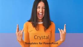  Presentation with rock star - Cool new presentation design with young beautiful chinese woman wearing orange t-shirt standing over isolated blue background shouting with crazy expression doing rock symbol with hands up music star heavy concept backdrop and a gold colored foreground