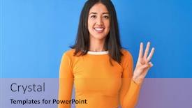  Presentation with blue orange - Amazing presentation design having young beautiful chinese woman wearing orange t-shirt standing over isolated blue background showing and pointing up with fingers number three while smiling confident and happy backdrop and a gold colored foreground