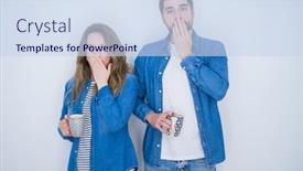  Presentation with shame - Beautiful presentation design featuring young beautiful couple drinking a cup of coffee over white isolated background cover mouth with hand shocked with shame for mistake expression of fear scared in silence secret concept backdrop and a sky blue colored foreground