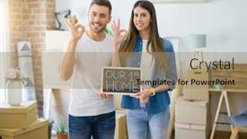  Presentation with first - Amazing PPT theme having young beautiful couple holding blackboard with our first home text at new house doing ok sign with fingers excellent symbol backdrop and a coral colored foreground
