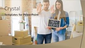  Presentation with defense - Audience pleasing PPT layouts consisting of young beautiful couple holding blackboard with new home text at new house with open hand doing stop sign with serious and confident expression defense gesture backdrop and a lemonade colored foreground