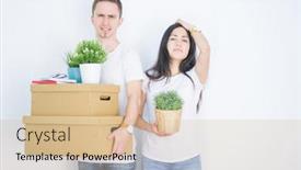  Presentation with shame - Beautiful presentation design featuring young beautiful couple holding cardboard boxes standing over isolated white background stressed with hand on head shocked with shame and surprise face angry and frustrated fear and upset backdrop and a lemonade colored foreground
