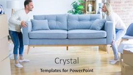  Presentation with moving - Beautiful slide set featuring young beautiful couple moving sofa at new home around cardboard boxes backdrop and a soft green colored foreground