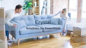  Presentation with moving - Presentation theme with young-beautiful-couple-moving-sofa background and a light blue colored foreground