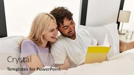  Presentation with reading - PPT theme consisting of young-beautiful-couple-reading-book background and a soft green colored foreground