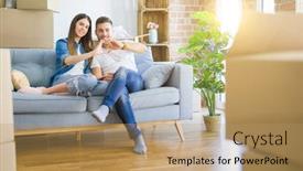  Presentation with heart love - Amazing slide deck having young beautiful couple relaxing sitting on the sofa around boxes from moving to new house smiling in love showing heart symbol and shape with hands romantic concept backdrop and a coral colored foreground