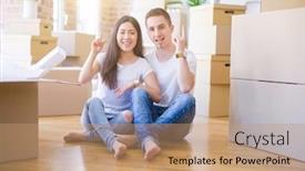  Presentation with young happy couple - Theme with young-beautiful-couple-sitting background and a coral colored foreground