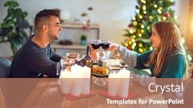  Presentation with christmas food - Presentation theme with young beautiful couple smiling happy and confident eating food and toasting with cup of wine celebrating christmas at home background and a coral colored foreground