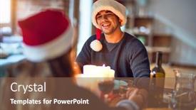  Presentation with christmas food - Presentation consisting of young beautiful couple smiling happy and confident eating food wearing santa claus hat celebrating christmas at home background and a tawny brown colored foreground