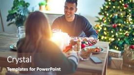  Presentation with christmas food - Presentation design having young beautiful couple smiling happy and confident eating food celebrating christmas at home background and a tawny brown colored foreground