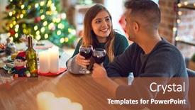  Presentation with toasting - Presentation design with young beautiful couple smiling happy and confident toasting with cup of wine celebrating christmas at home background and a red colored foreground