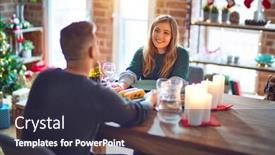  Presentation with christmas food - Audience pleasing presentation design consisting of young beautiful couple smiling happy and confident eating food celebrating christmas at home backdrop and a wine colored foreground