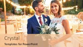  Presentation with married couple - Presentation theme with young beautiful couple smiling happy and confident getting married standing with smile on face at restaurant background and a lemonade colored foreground