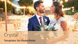  Presentation with married - Presentation having young beautiful couple smiling happy and confident getting married standing with smile on face at restaurant background and a lemonade colored foreground