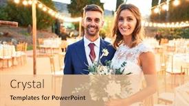  Presentation with married couple - Cool new PPT theme with young-beautiful-couple-smiling-happy backdrop and a lemonade colored foreground