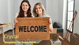  Presentation with young happy couple - PPT theme consisting of young-beautiful-couple-smiling-happy background and a tawny brown colored foreground