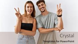  Presentation with young happy couple - PPT theme consisting of young-beautiful-couple-standing-together background and a coral colored foreground