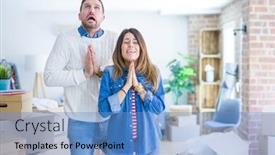  Presentation with cutout paper people standing around globe holding hands - Presentation theme enhanced with young-beautiful-couple-standing background and a teal colored foreground