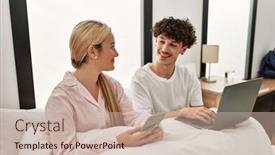  Presentation with laptop - PPT theme consisting of young-beautiful-couple-using-laptop background and a soft green colored foreground