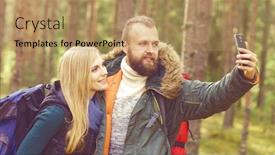  Presentation with tourism selfie - Slide set featuring young beautiful couple walking in forest and taking selfie on a smartphone camp tourism hiking concept background and a coral colored foreground