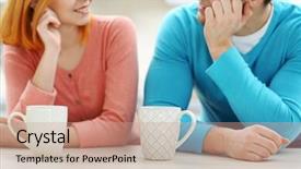  Presentation with tea - PPT theme enhanced with young beautiful couple with cups of tea close up background and a coral colored foreground