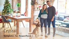  Presentation with dog christmas - Beautiful presentation design featuring young beautiful couple with dog smiling happy and confident standing and hugging around christmas tree at home backdrop and a coral colored foreground