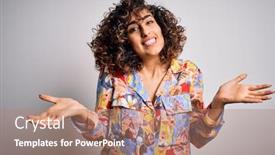  Presentation with colorful hands - Slide set with young-beautiful-curly-arab-woman background and a coral colored foreground