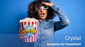  Presentation with movie popcorn - Presentation consisting of young-beautiful-curly-arab-woman background and a teal colored foreground
