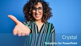  Presentation with blue handshake - Slides having young-beautiful-curly-arab-woman background and a ocean colored foreground