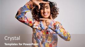  Presentation with colorful hands - Cool new PPT theme with young-beautiful-curly-arab-woman backdrop and a coral colored foreground