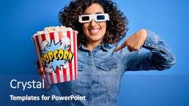  Presentation with popcorn movie - Slide deck featuring young-beautiful-curly-arab-woman background and a ocean colored foreground