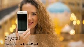  Presentation with golden woman - Cool new PPT theme with young beautiful curly blonde woman showing your smart phone screen golden indoor backdrop and a coral colored foreground