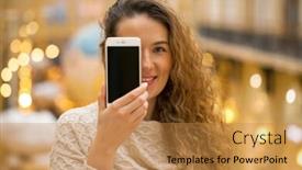  Presentation with golden woman - Slides enhanced with young beautiful curly blonde woman showing your smart phone screen golden indoor background and a gold colored foreground