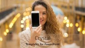  Presentation with golden woman - Slide deck featuring young beautiful curly blonde woman showing your smart phone screen golden indoor background and a coral colored foreground