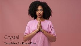  Presentation with upwards - Slide set with young-beautiful-curly-woman background and a coral colored foreground